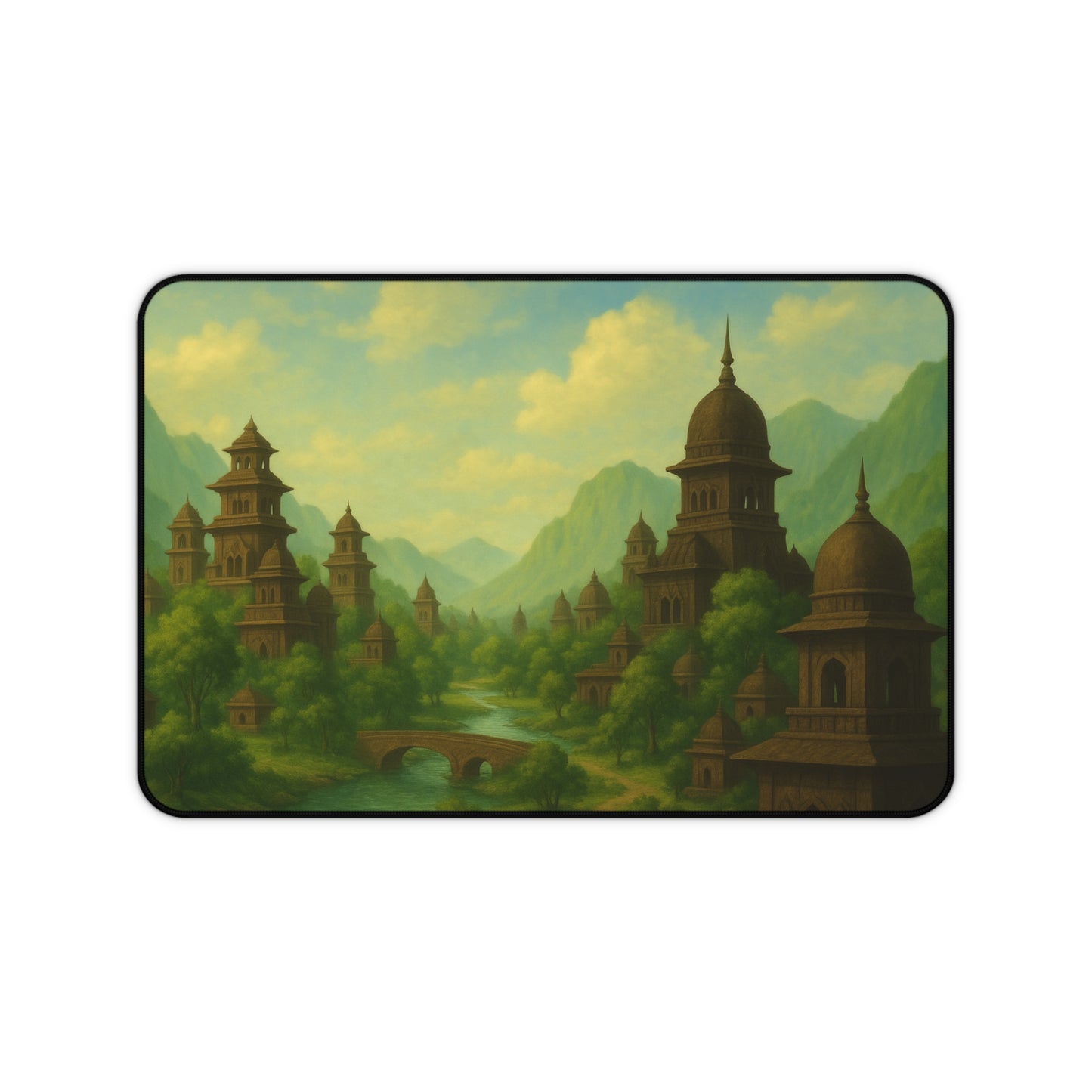 Ancient City Desk Mat I Mystical Landscape | Sacred River & Mountain Scene | SoulfulYarn Gift for Writers, Artists and Spiritual Seekers