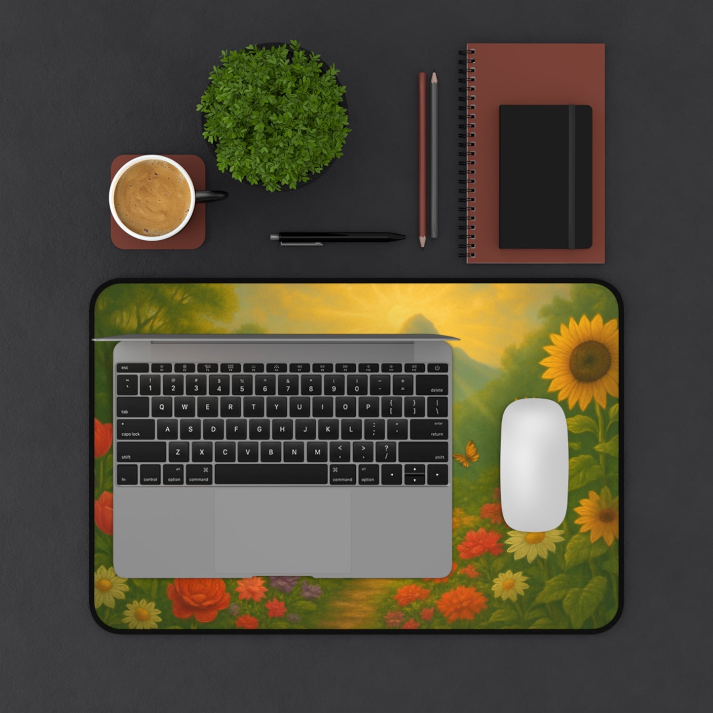 Radiant Garden Path Desk Mat I Serene Floral Landscape Design | SoulfulYarn Collection | Inspirational Workspace Gift | 3 Rectangular Sizes
