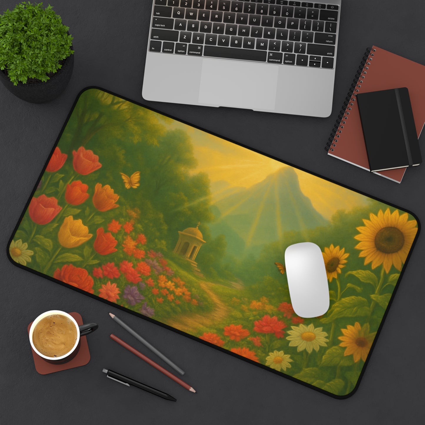 Radiant Garden Path Desk Mat I Serene Floral Landscape Design | SoulfulYarn Collection | Inspirational Workspace Gift | 3 Rectangular Sizes