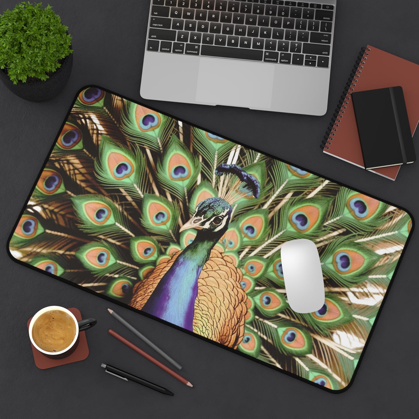 Majestic Peacock Feather Desk Mat | 100% neoprene, Non Slip | Nature Design Gift for Art Lovers, Nature Admirers, and Bold Creatives