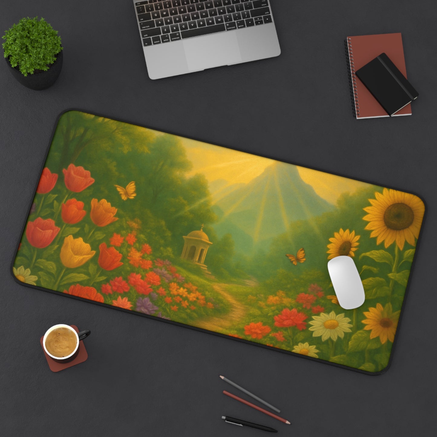 Radiant Garden Path Desk Mat I Serene Floral Landscape Design | SoulfulYarn Collection | Inspirational Workspace Gift | 3 Rectangular Sizes