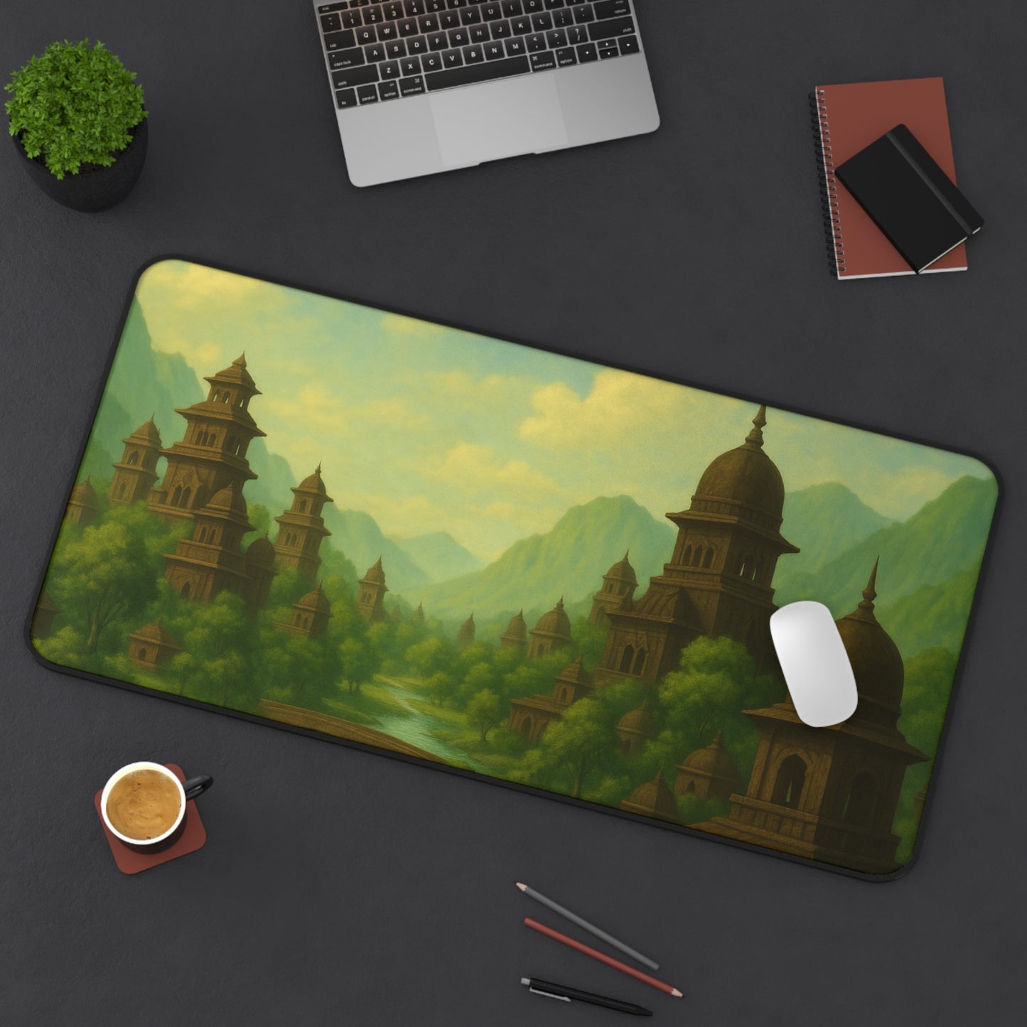 Ancient City Desk Mat I Mystical Landscape | Sacred River & Mountain Scene | SoulfulYarn Gift for Writers, Artists and Spiritual Seekers