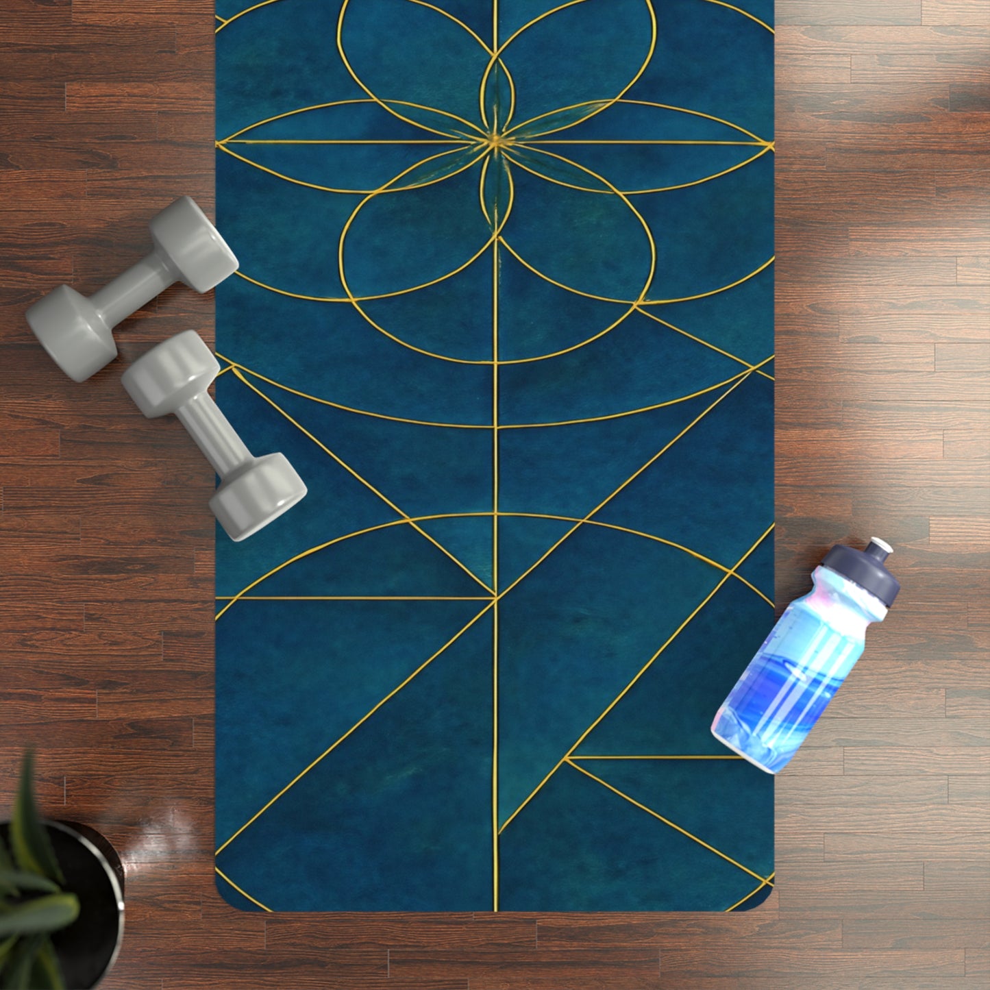 Sacred Geometry Yoga Mat | Blue & Gold Mandala Alignment Mat | Spiritual Yoga Mat with Strap | Non-Slip Meditation Mat