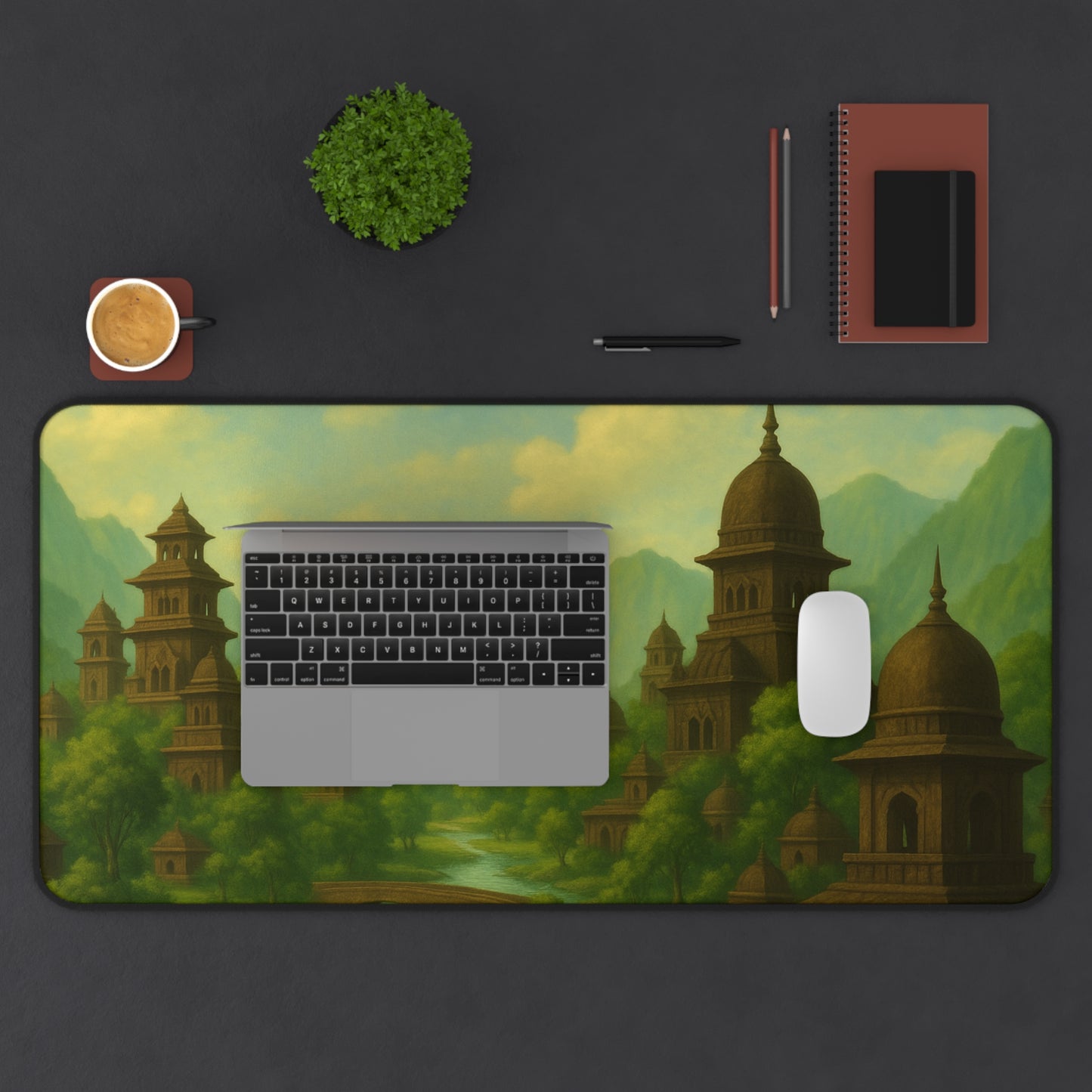 Ancient City Desk Mat I Mystical Landscape | Sacred River & Mountain Scene | SoulfulYarn Gift for Writers, Artists and Spiritual Seekers