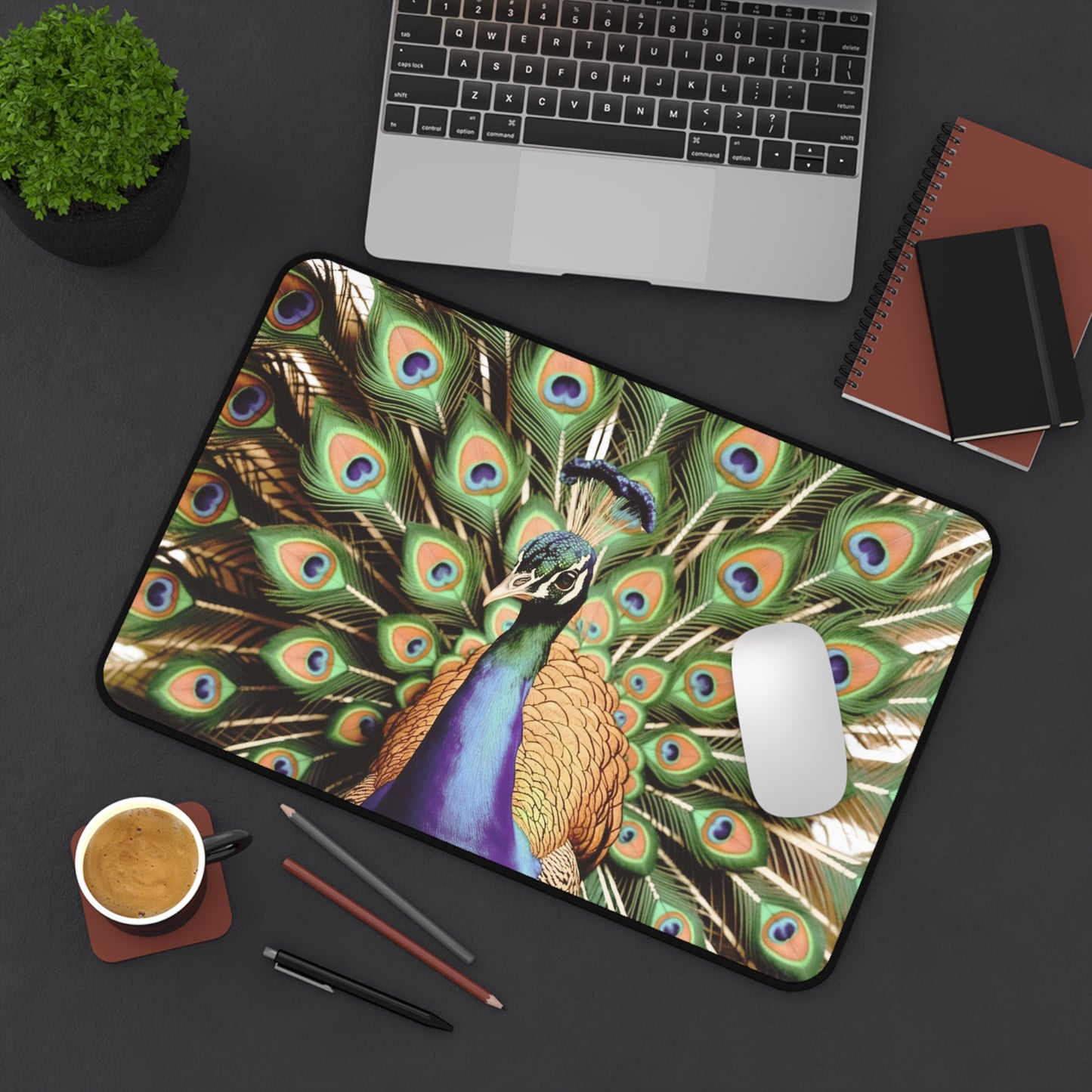 Majestic Peacock Feather Desk Mat | 100% neoprene, Non Slip | Nature Design Gift for Art Lovers, Nature Admirers, and Bold Creatives