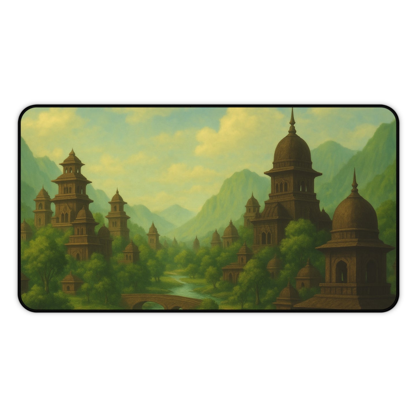 Ancient City Desk Mat I Mystical Landscape | Sacred River & Mountain Scene | SoulfulYarn Gift for Writers, Artists and Spiritual Seekers