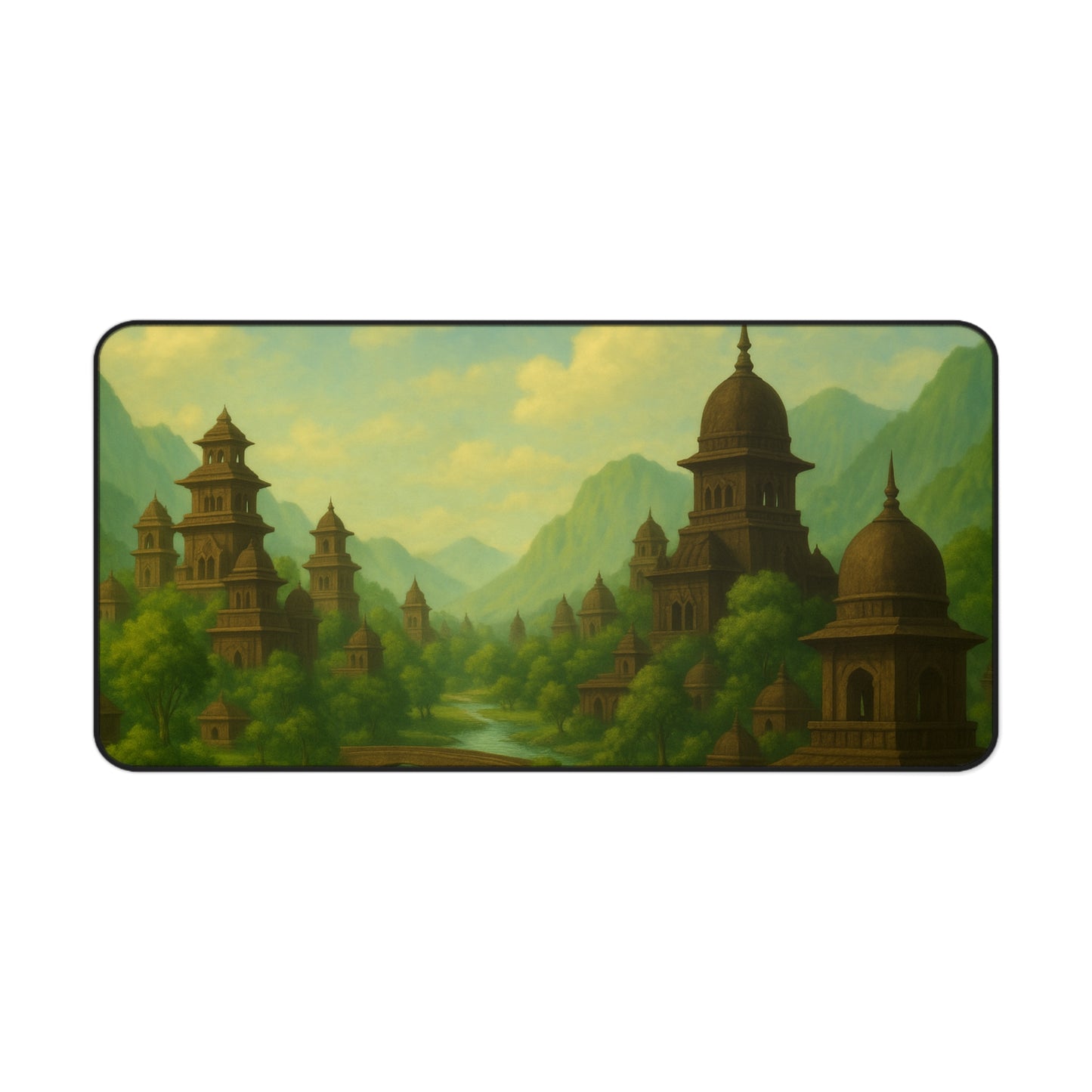 Ancient City Desk Mat I Mystical Landscape | Sacred River & Mountain Scene | SoulfulYarn Gift for Writers, Artists and Spiritual Seekers