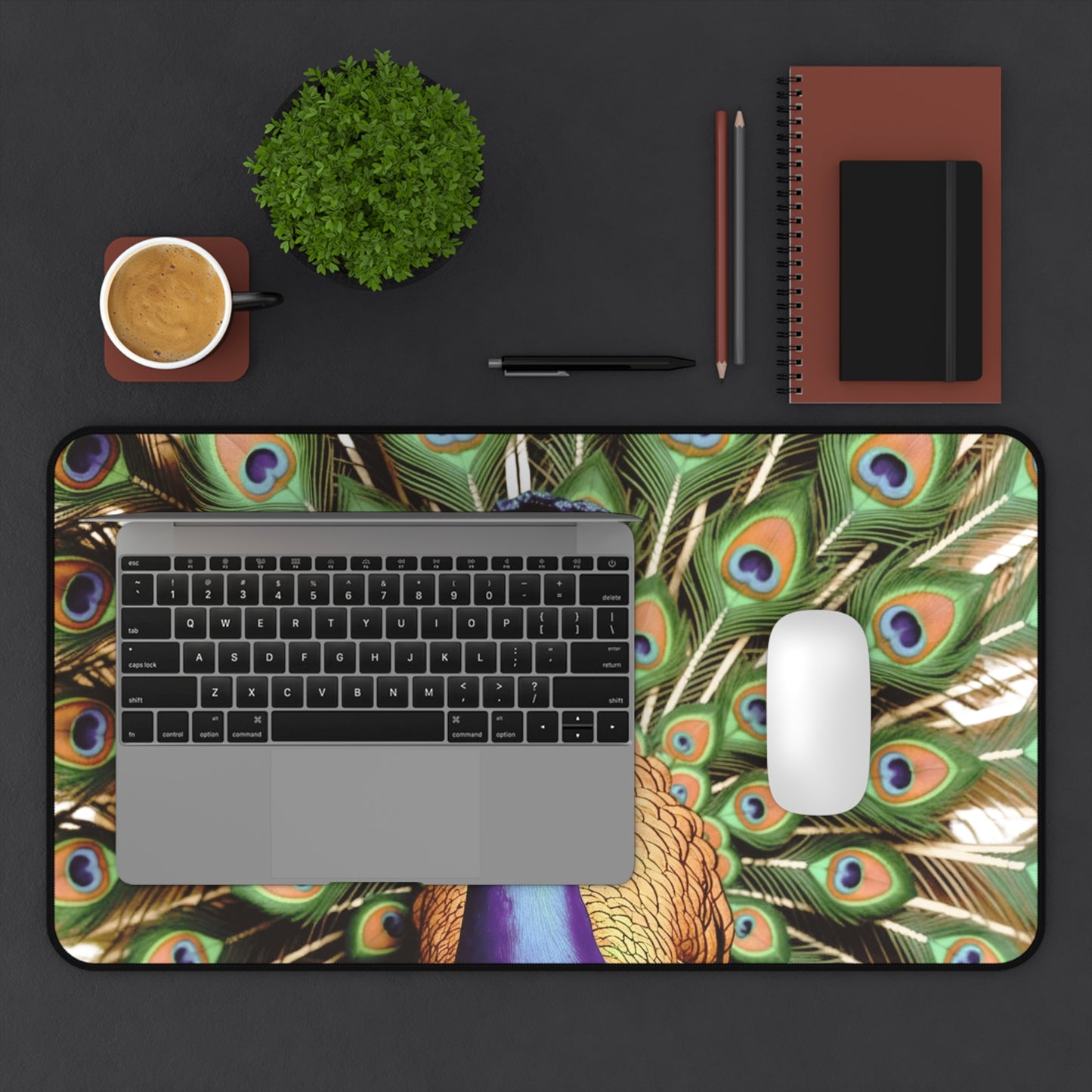 Majestic Peacock Feather Desk Mat | 100% neoprene, Non Slip | Nature Design Gift for Art Lovers, Nature Admirers, and Bold Creatives