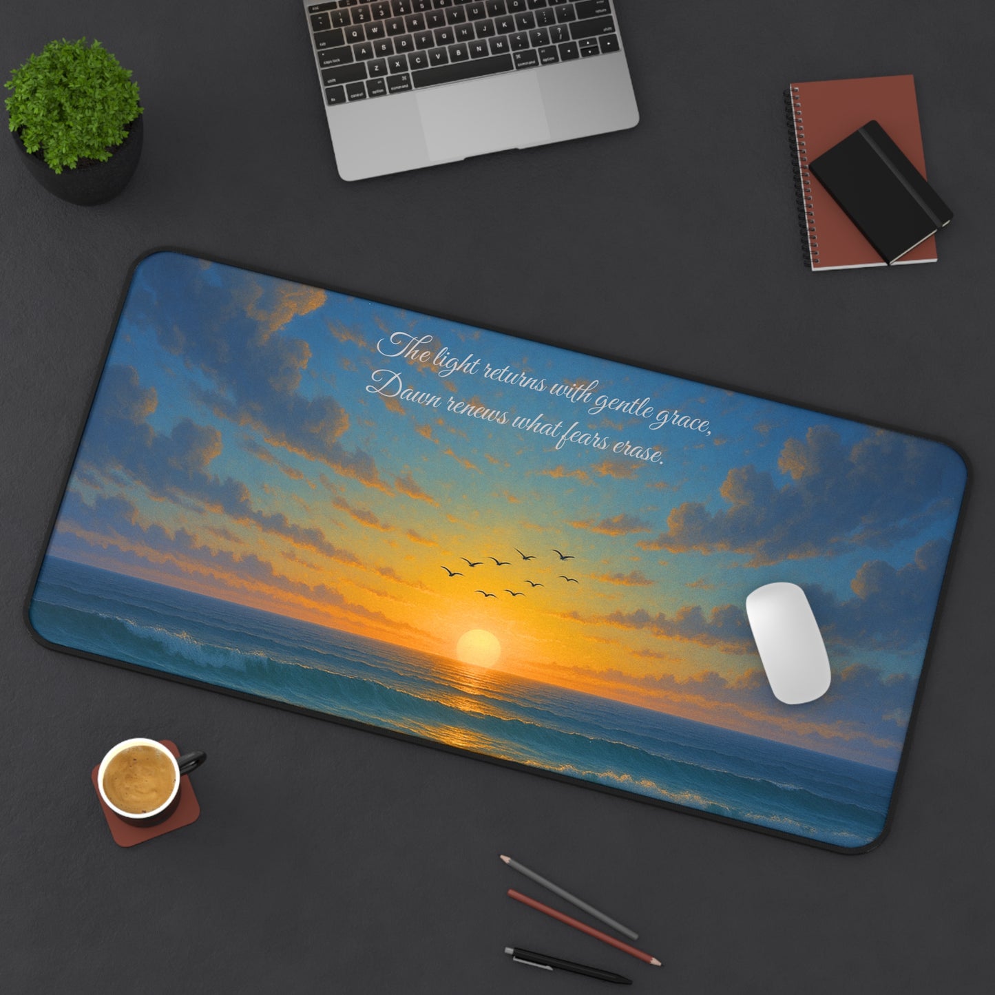 Gentle Sunrise Desk Mat | Inspirational Ocean View Design | SoulfulYarn Collection Gift for Writers, Dreamers, and Seekers of Hope