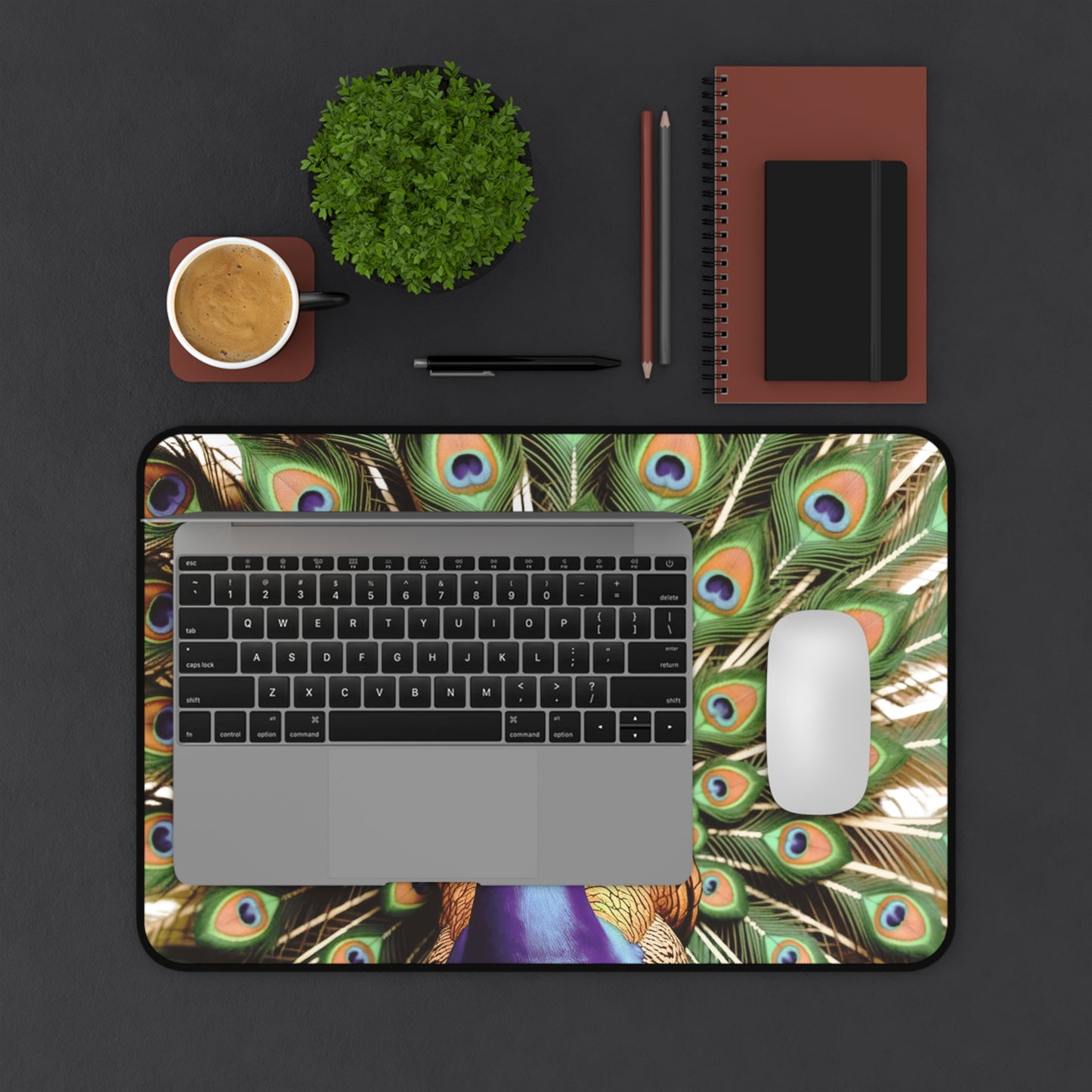 Majestic Peacock Feather Desk Mat | 100% neoprene, Non Slip | Nature Design Gift for Art Lovers, Nature Admirers, and Bold Creatives