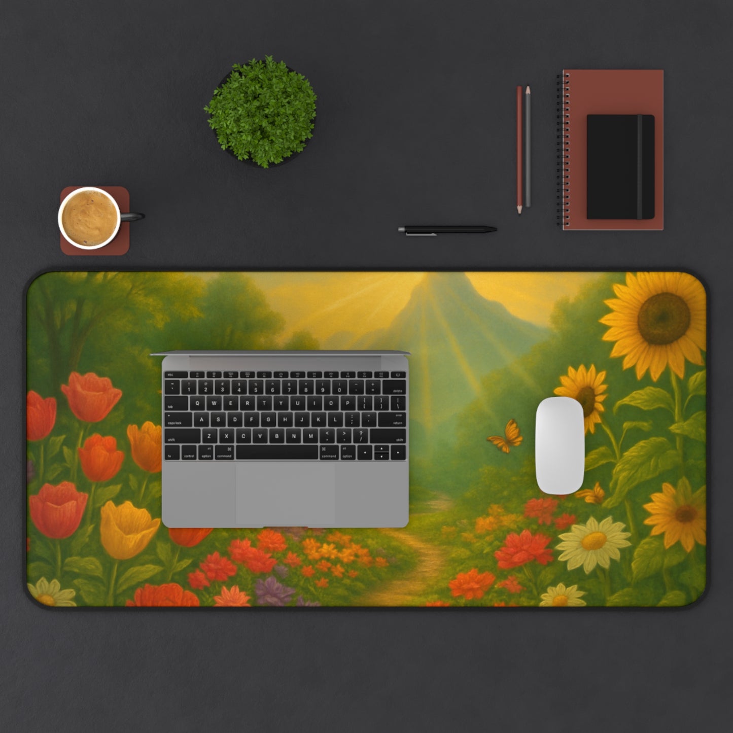 Radiant Garden Path Desk Mat I Serene Floral Landscape Design | SoulfulYarn Collection | Inspirational Workspace Gift | 3 Rectangular Sizes