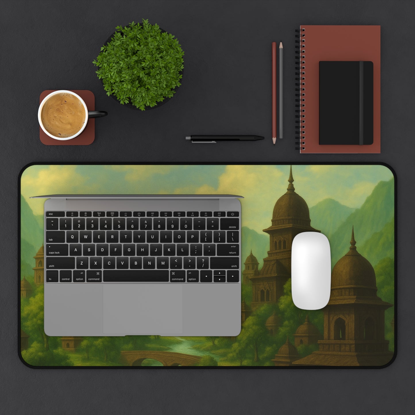Ancient City Desk Mat I Mystical Landscape | Sacred River & Mountain Scene | SoulfulYarn Gift for Writers, Artists and Spiritual Seekers