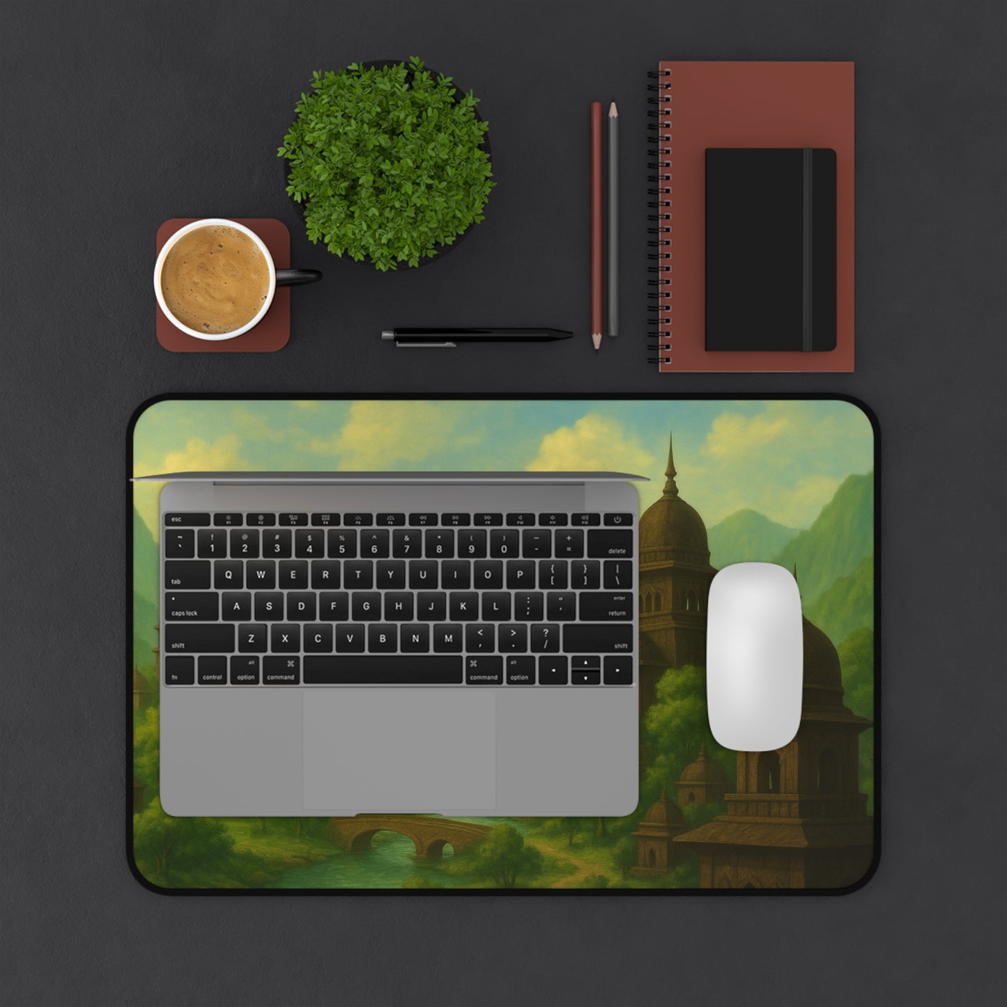 Ancient City Desk Mat I Mystical Landscape | Sacred River & Mountain Scene | SoulfulYarn Gift for Writers, Artists and Spiritual Seekers