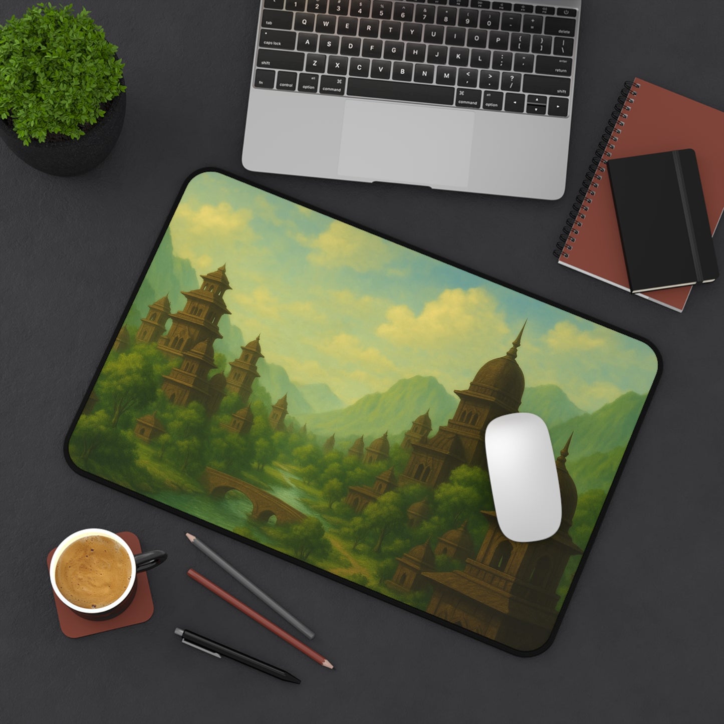 Ancient City Desk Mat I Mystical Landscape | Sacred River & Mountain Scene | SoulfulYarn Gift for Writers, Artists and Spiritual Seekers