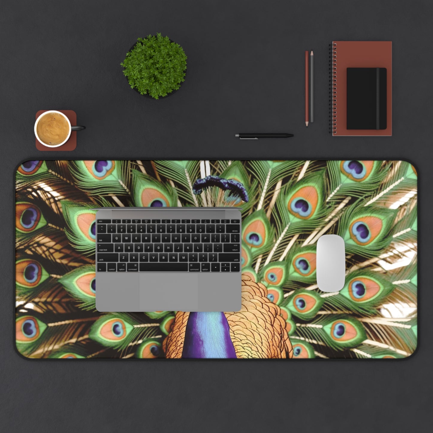 Majestic Peacock Feather Desk Mat | 100% neoprene, Non Slip | Nature Design Gift for Art Lovers, Nature Admirers, and Bold Creatives