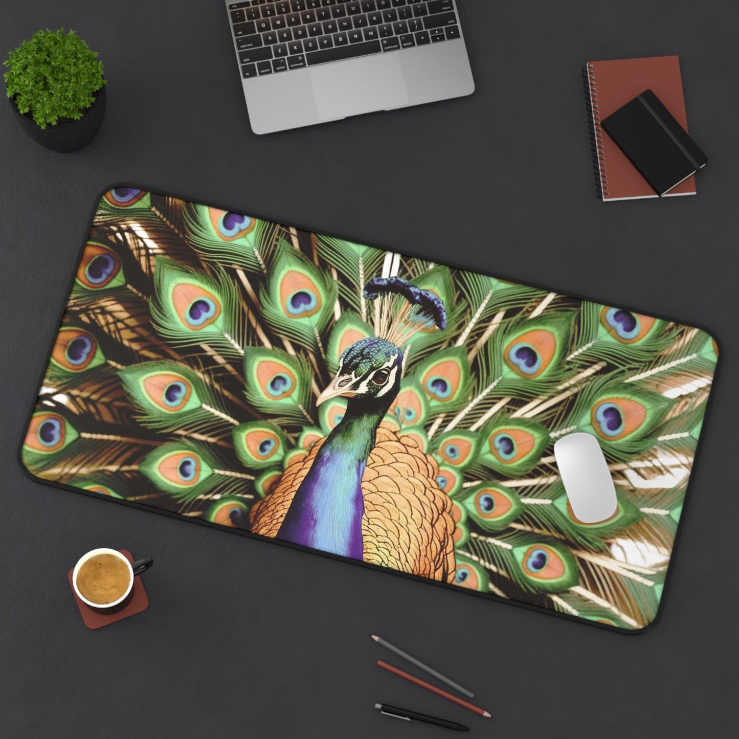 Majestic Peacock Feather Desk Mat | 100% neoprene, Non Slip | Nature Design Gift for Art Lovers, Nature Admirers, and Bold Creatives