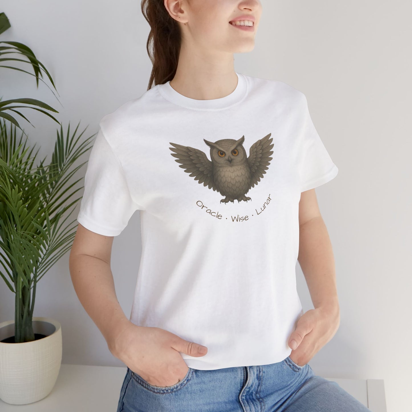 OWL Spirit Animal T-Shirt | Oracle. Wise. Lunar. Tee | Mystic Owl Shirt | Spiritual Totem Tee | Moon Magic Gift | Esoteric Graphic on White
