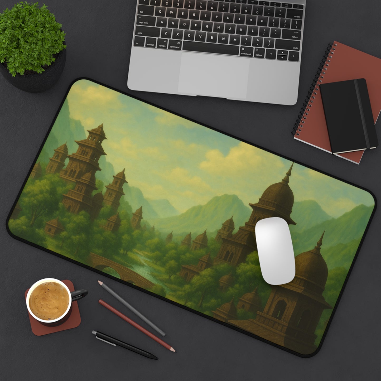 Ancient City Desk Mat I Mystical Landscape | Sacred River & Mountain Scene | SoulfulYarn Gift for Writers, Artists and Spiritual Seekers