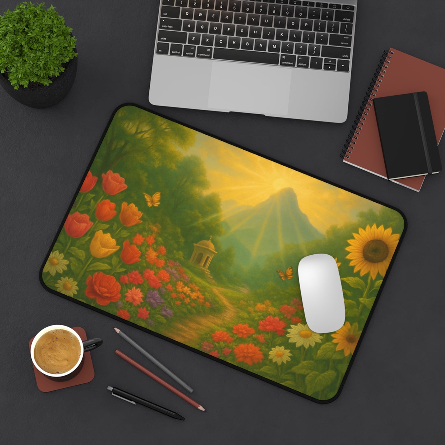 Radiant Garden Path Desk Mat I Serene Floral Landscape Design | SoulfulYarn Collection | Inspirational Workspace Gift | 3 Rectangular Sizes