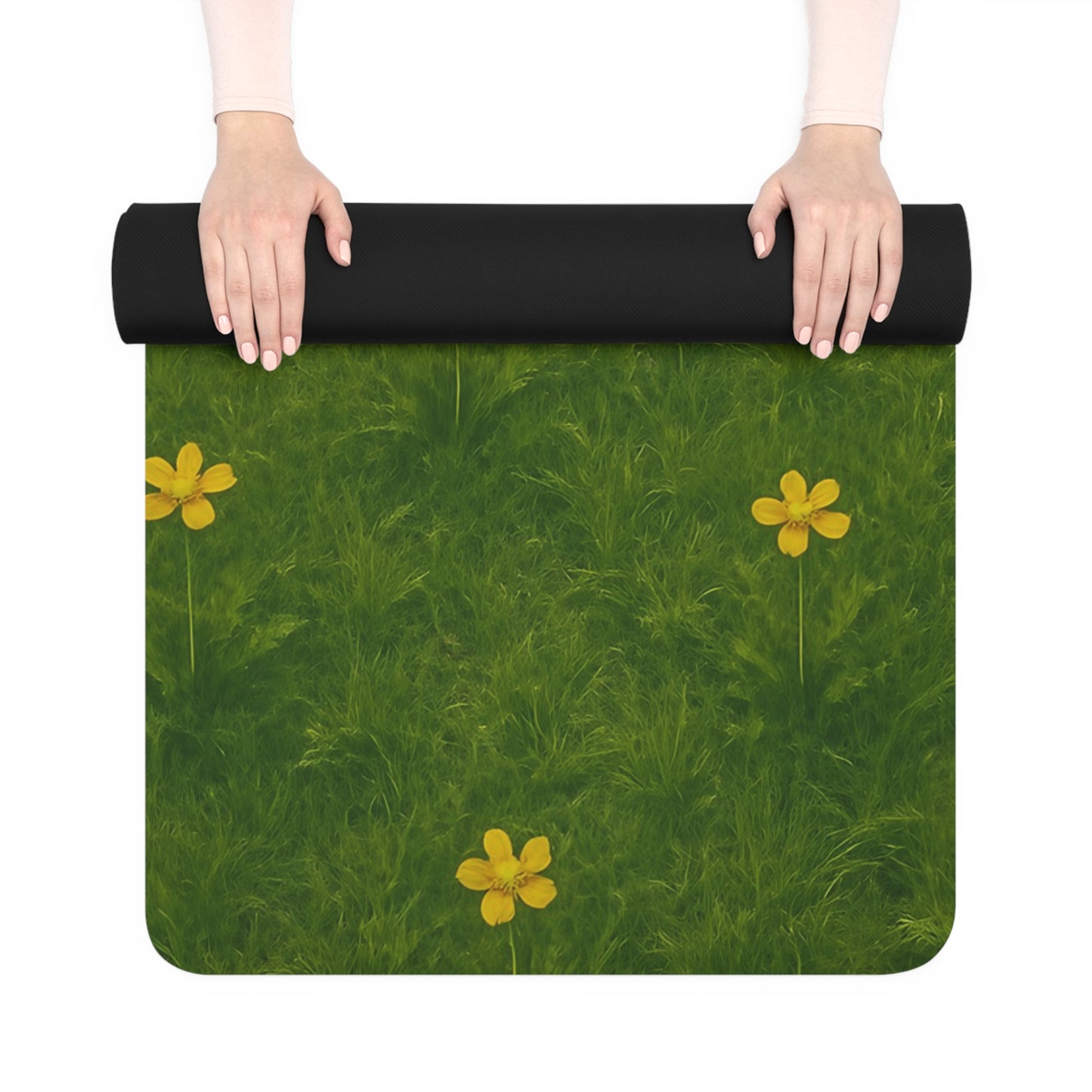 Wildflower Meadow Yoga Mat | Green Grass Floral Yoga Mat | Nature Inspired Mat with Strap | Non Slip Meditation and Fitness Mat