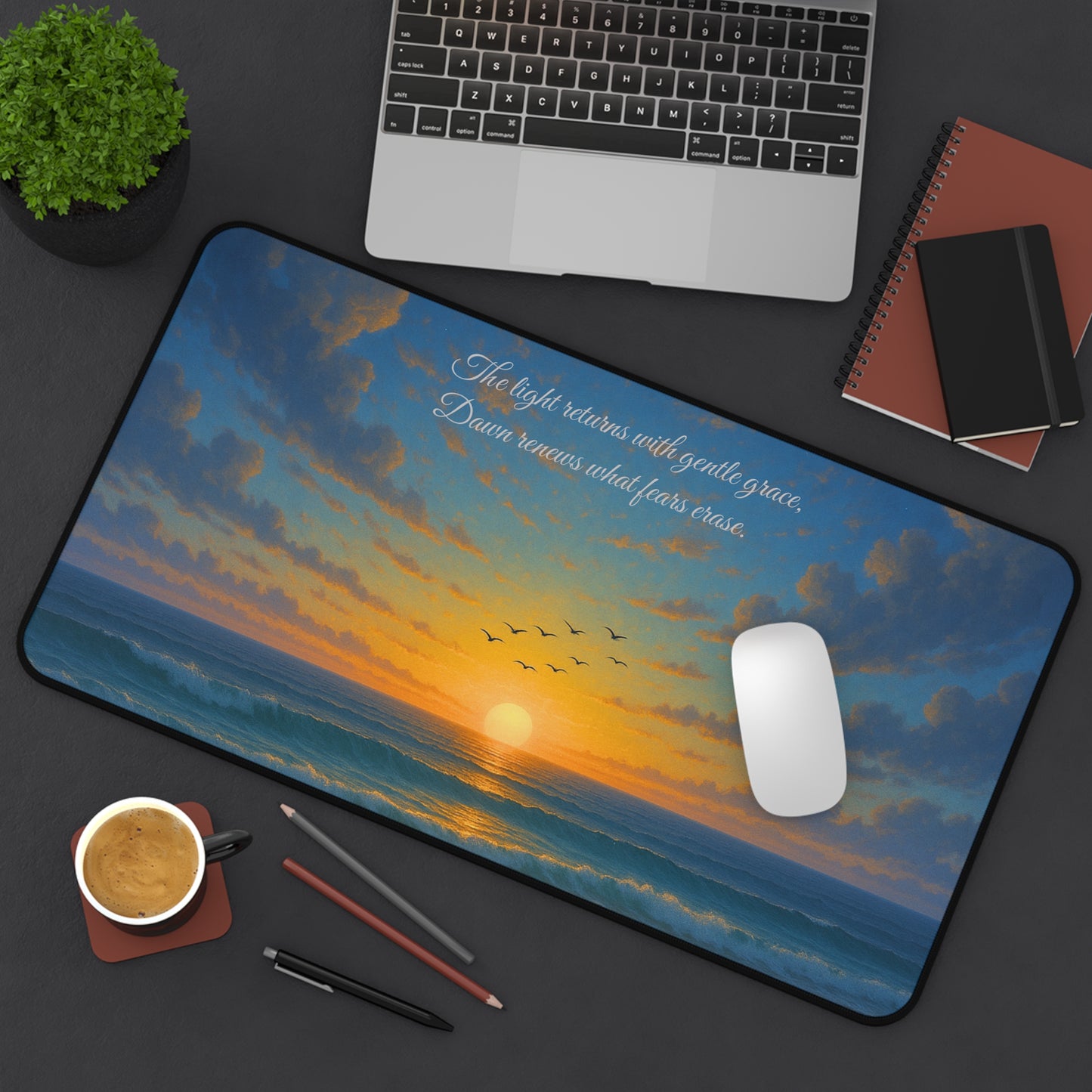 Gentle Sunrise Desk Mat | Inspirational Ocean View Design | SoulfulYarn Collection Gift for Writers, Dreamers, and Seekers of Hope