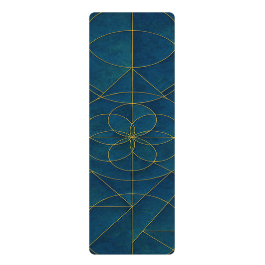 Sacred Geometry Yoga Mat | Blue & Gold Mandala Alignment Mat | Spiritual Yoga Mat with Strap | Non-Slip Meditation Mat