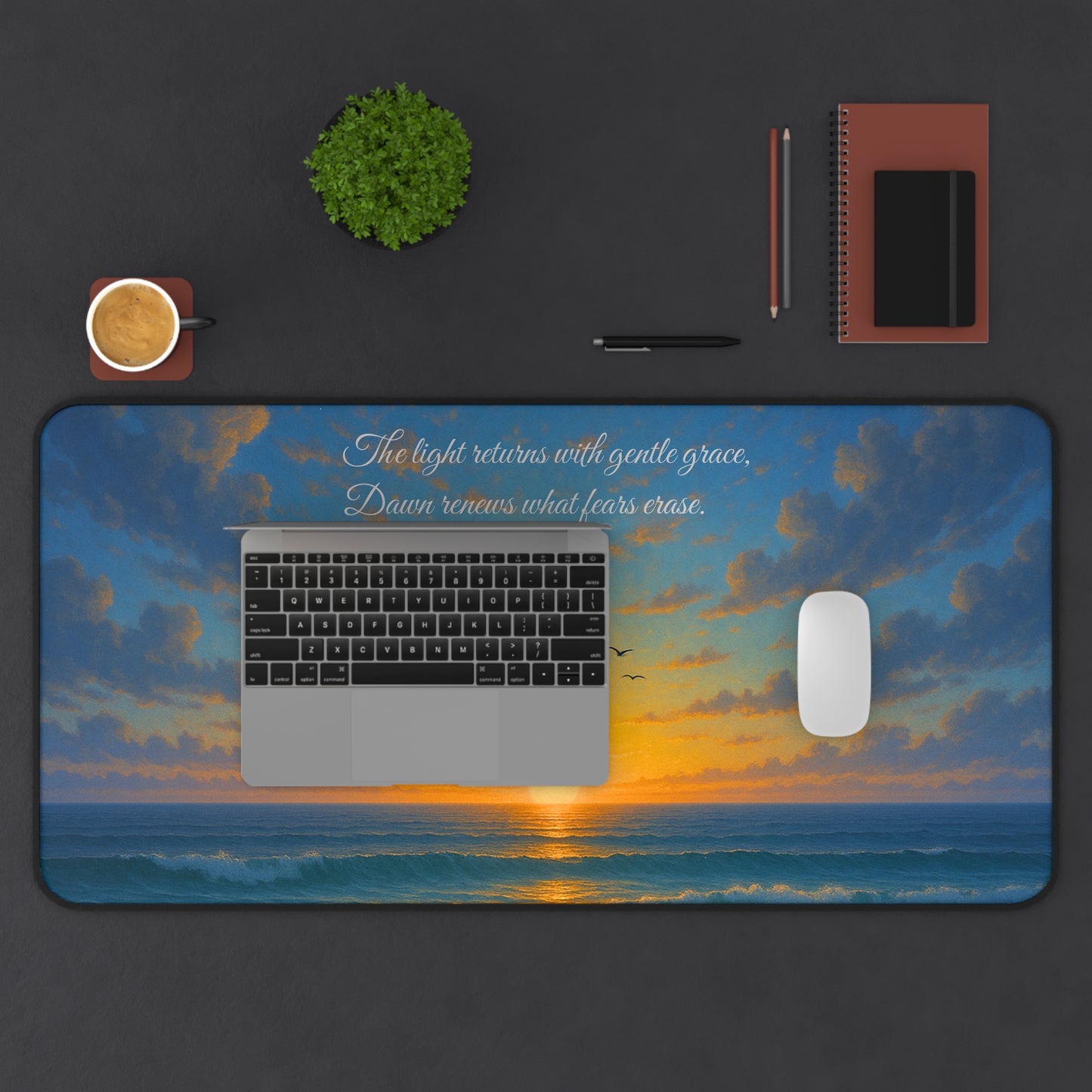 Gentle Sunrise Desk Mat | Inspirational Ocean View Design | SoulfulYarn Collection Gift for Writers, Dreamers, and Seekers of Hope