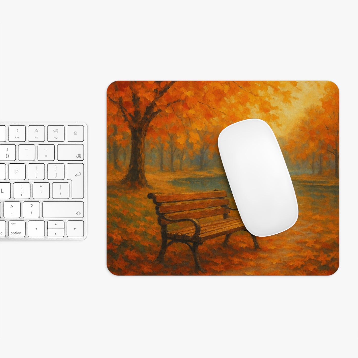Autumn Serenity Mouse Pad I Golden Fall Park with Bench & Lake | SoulfulYarn Collection | Round or Rectangular | Calm Workspace Gift