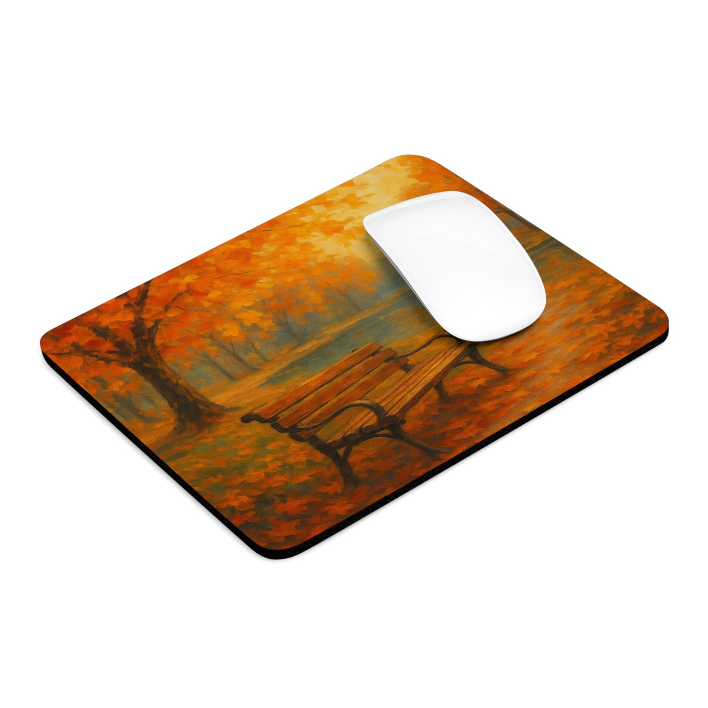 Autumn Serenity Mouse Pad I Golden Fall Park with Bench & Lake | SoulfulYarn Collection | Round or Rectangular | Calm Workspace Gift