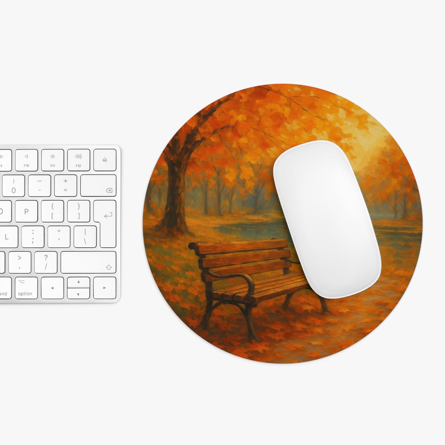 Autumn Serenity Mouse Pad I Golden Fall Park with Bench & Lake | SoulfulYarn Collection | Round or Rectangular | Calm Workspace Gift