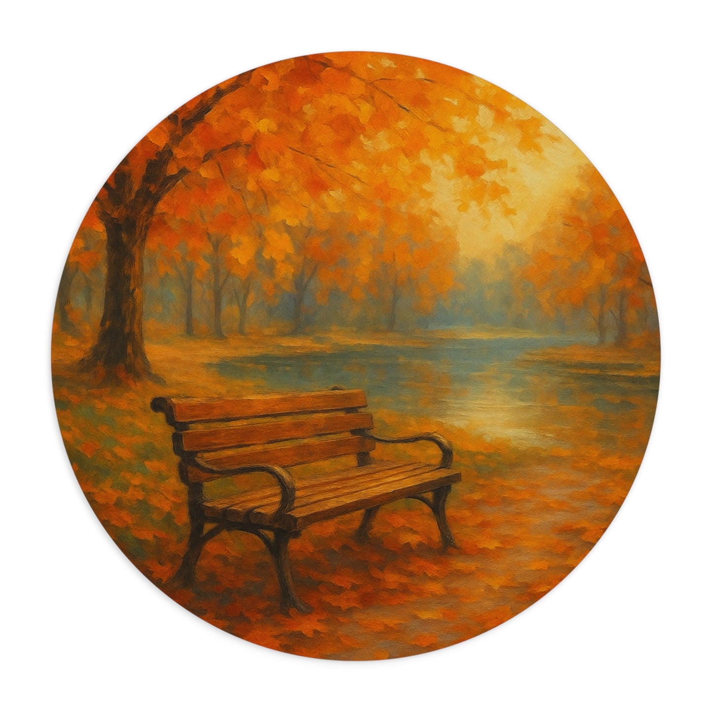 Autumn Serenity Mouse Pad I Golden Fall Park with Bench & Lake | SoulfulYarn Collection | Round or Rectangular | Calm Workspace Gift