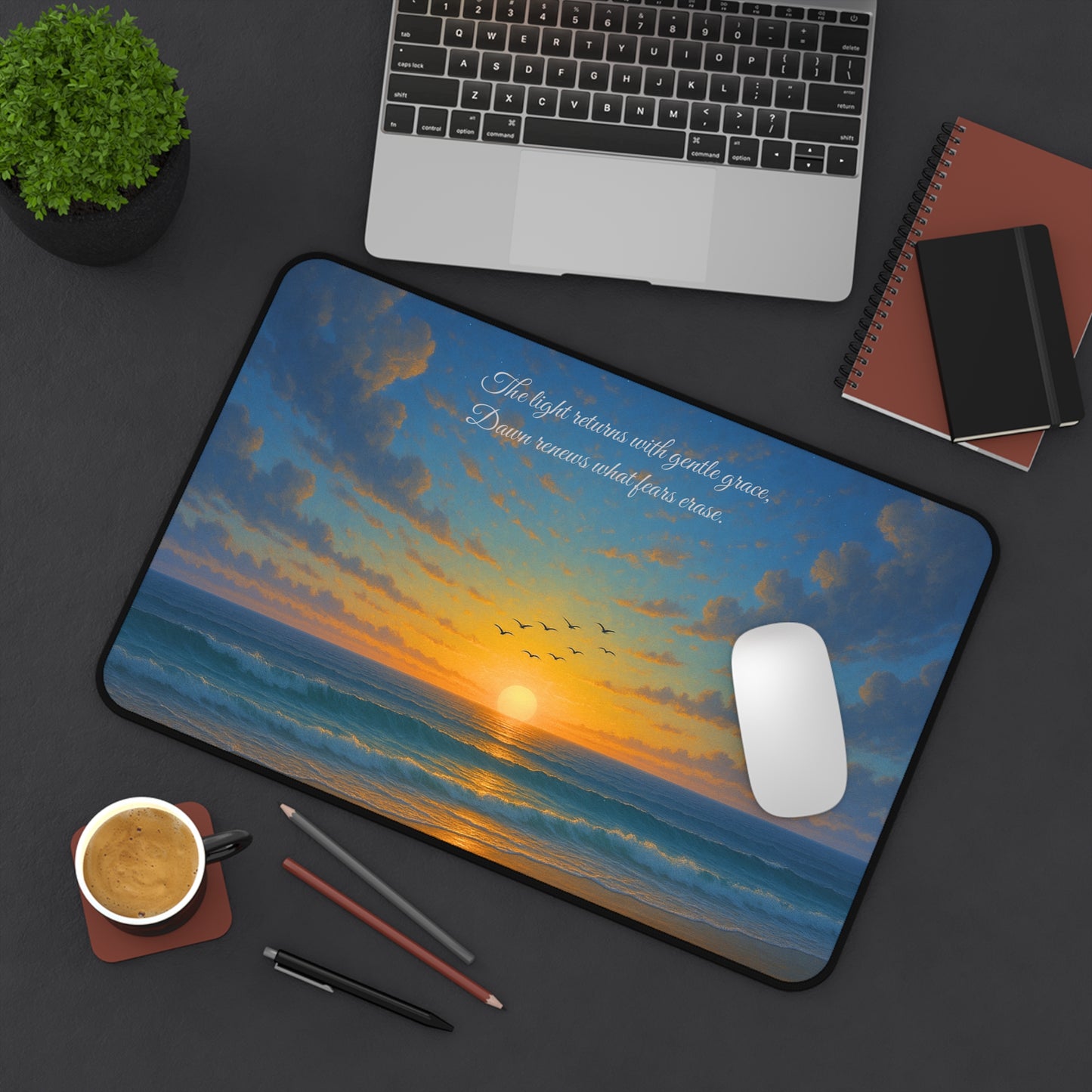 Gentle Sunrise Desk Mat | Inspirational Ocean View Design | SoulfulYarn Collection Gift for Writers, Dreamers, and Seekers of Hope