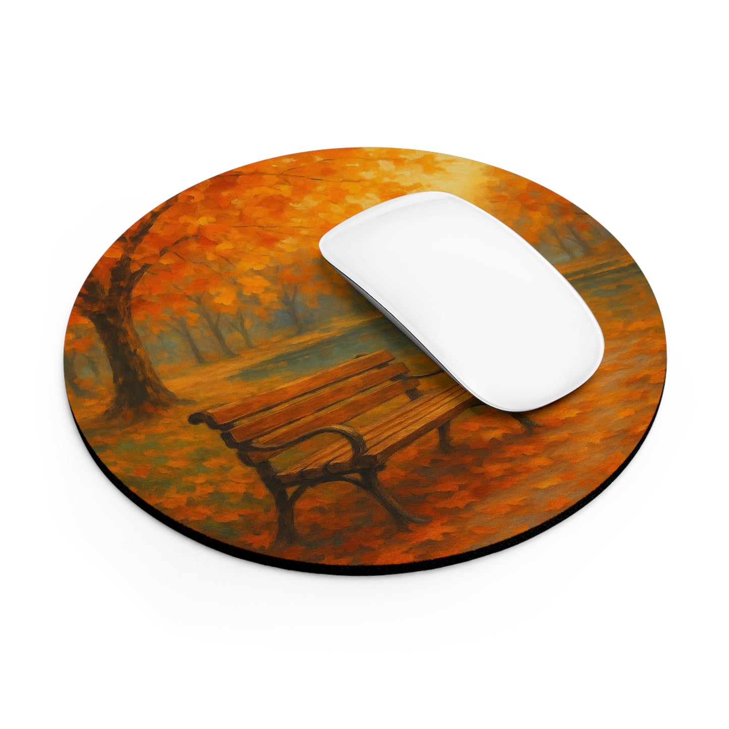 Autumn Serenity Mouse Pad I Golden Fall Park with Bench & Lake | SoulfulYarn Collection | Round or Rectangular | Calm Workspace Gift