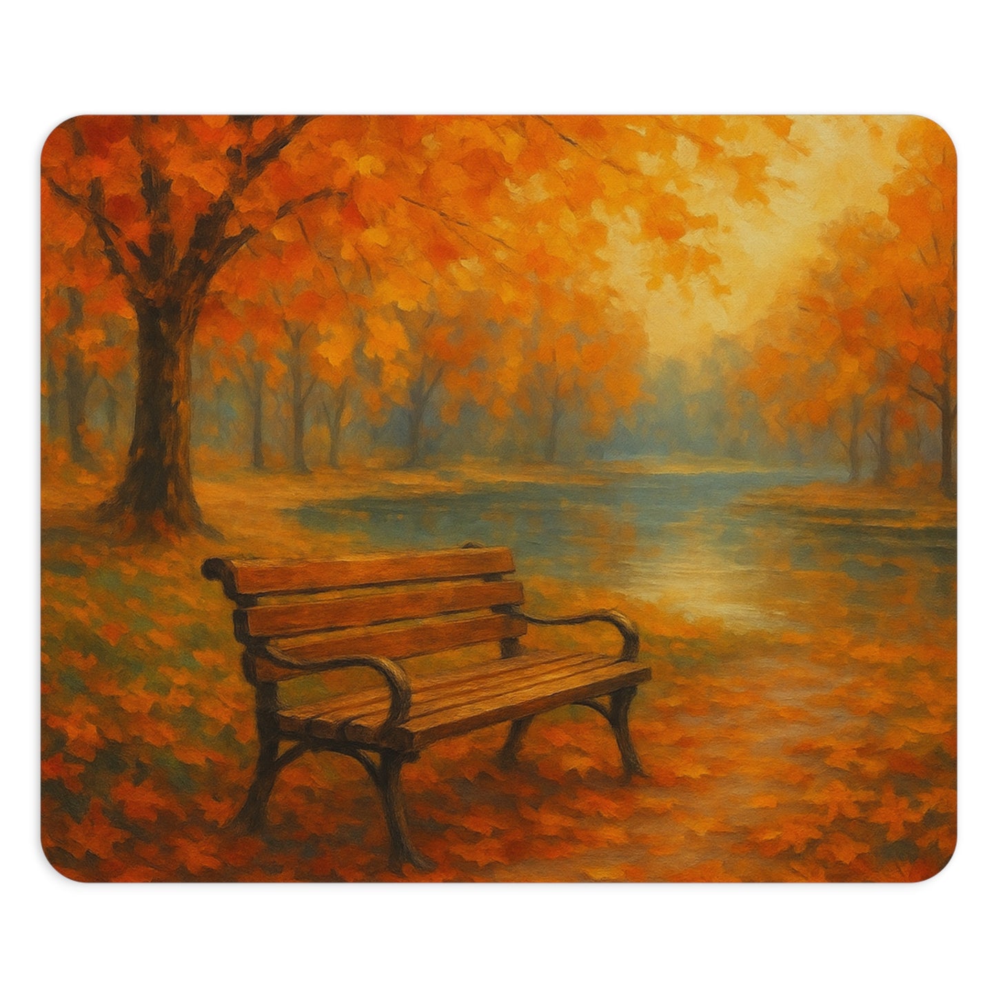Autumn Serenity Mouse Pad I Golden Fall Park with Bench & Lake | SoulfulYarn Collection | Round or Rectangular | Calm Workspace Gift