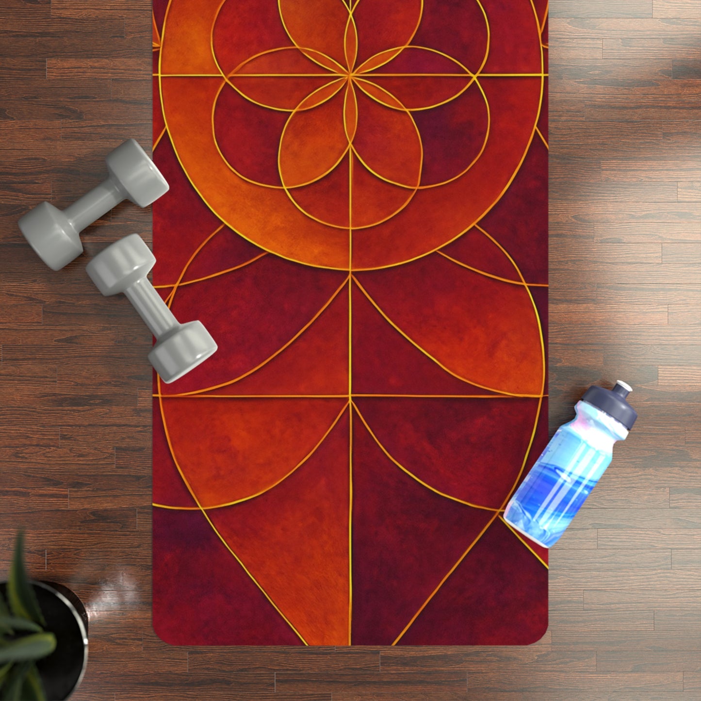 Sacred Geometry Yoga Mat | Red Orange Fire Mandala Mat | Spiritual Alignment Mat with Strap | Non Slip Meditation Mat